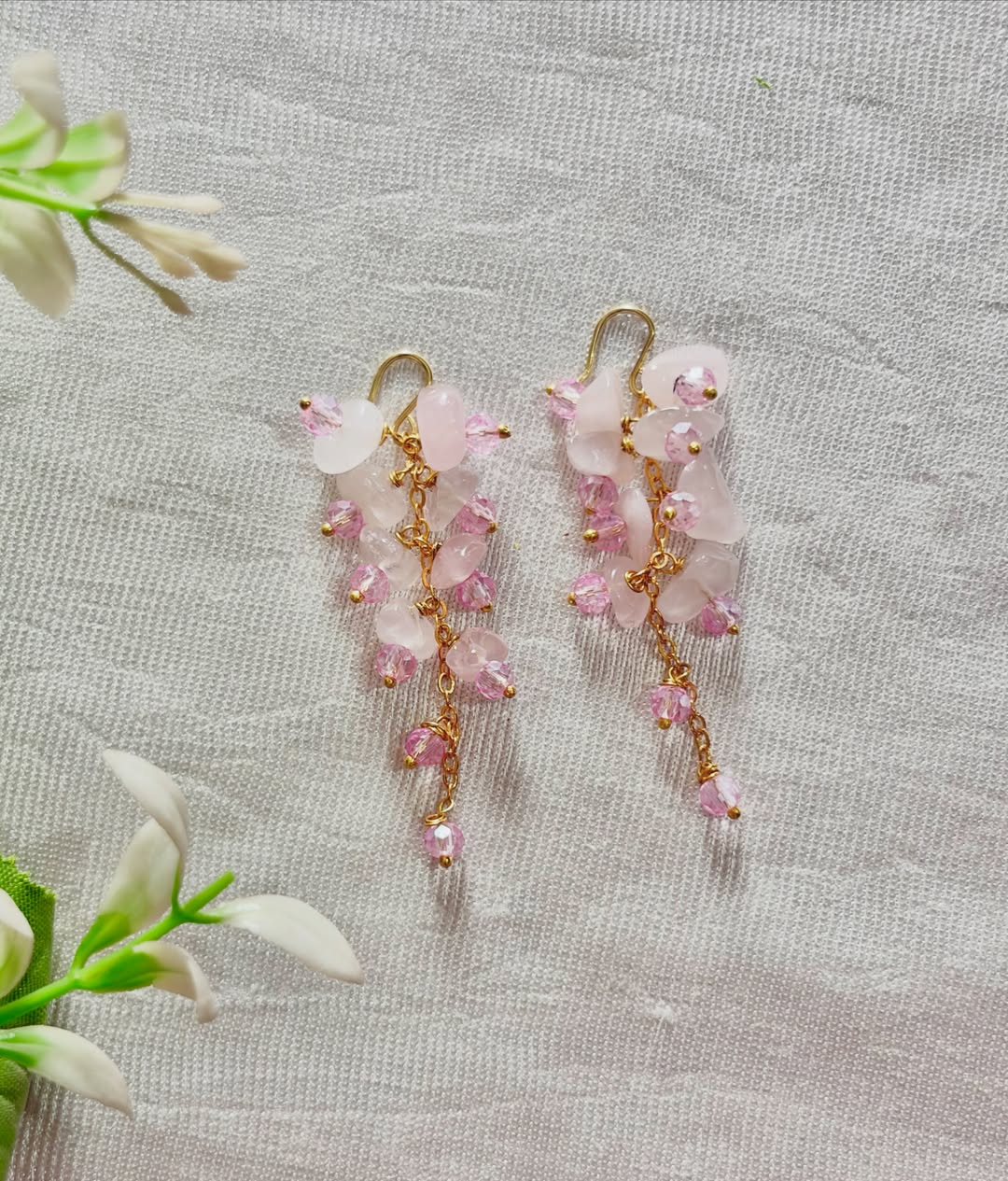 Springtime Florets — rose quartz and crystal earrings on linen with jasmine
